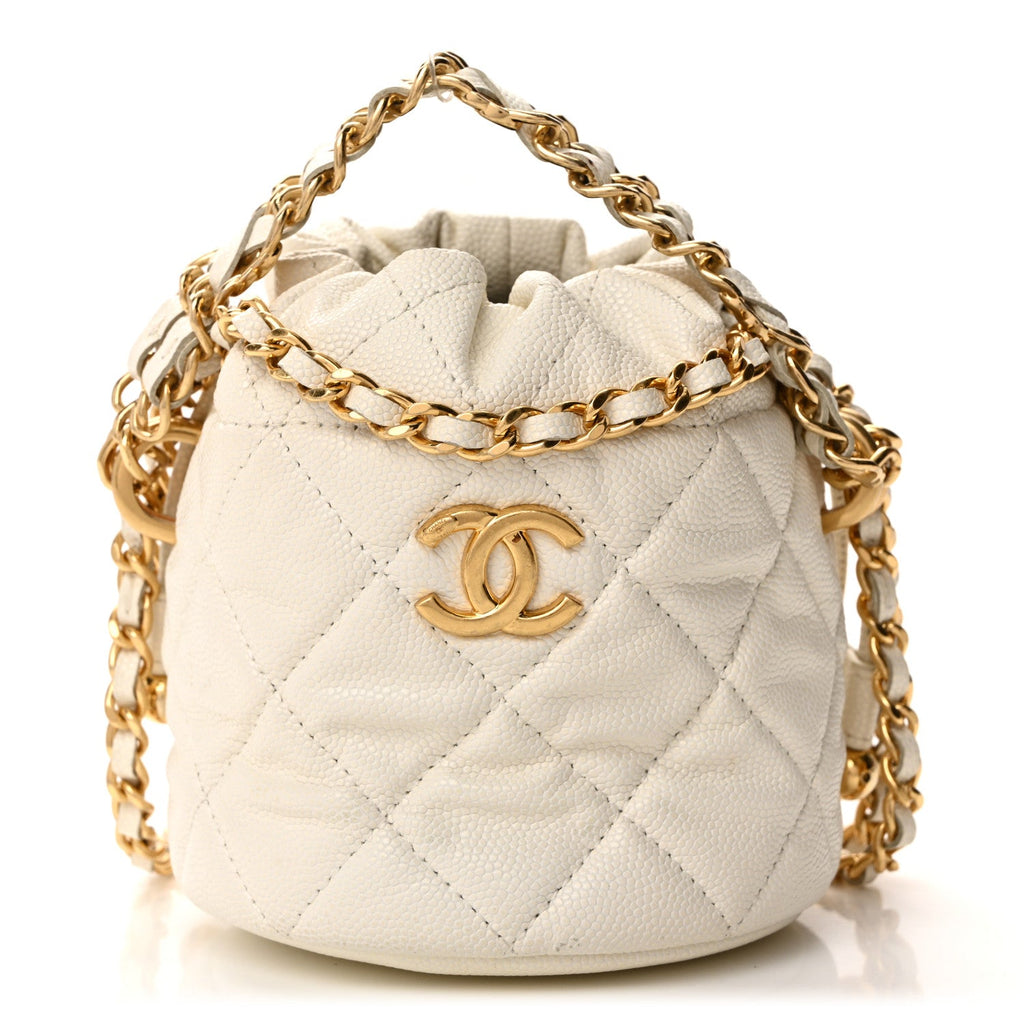 Chanel Caviar Quilted Coco First Bucket Clutch With Chain White