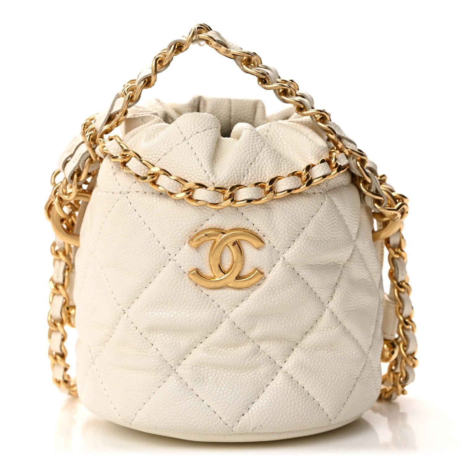 Chanel Caviar Quilted Coco First Bucket Clutch With Chain White