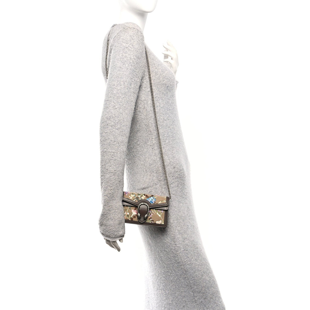Gucci Monogram Jumbo GG Textured Dollar Calfskin Embroidered Super Mini Dionysus Shoulder Bag Camel Ebony New Acero Multicolor