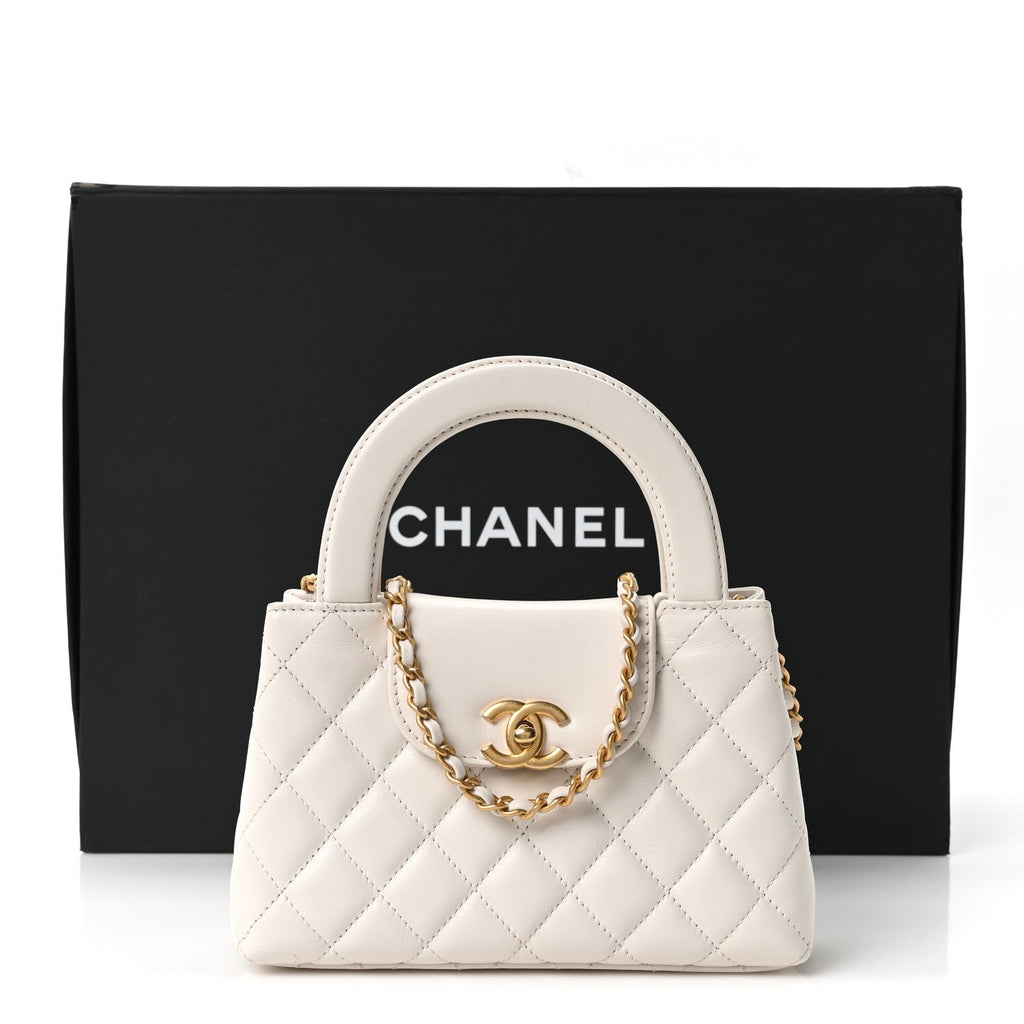 Chanel Shiny Aged Calfskin Quilted Nano Kelly Shopper White