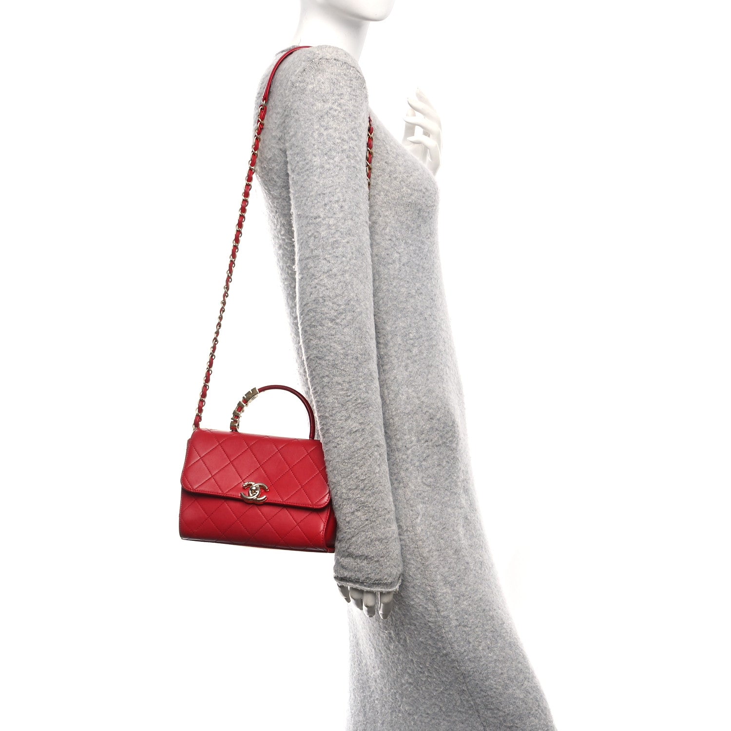 Chanel Lambskin Stitched Pearl Logo Top Handle Flap Red