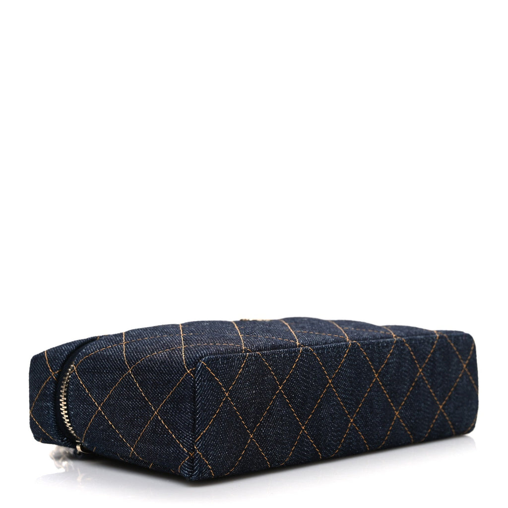 Chanel Denim Quilted Top Handle Slim Vanity Case With Chain Dark Blue Orange