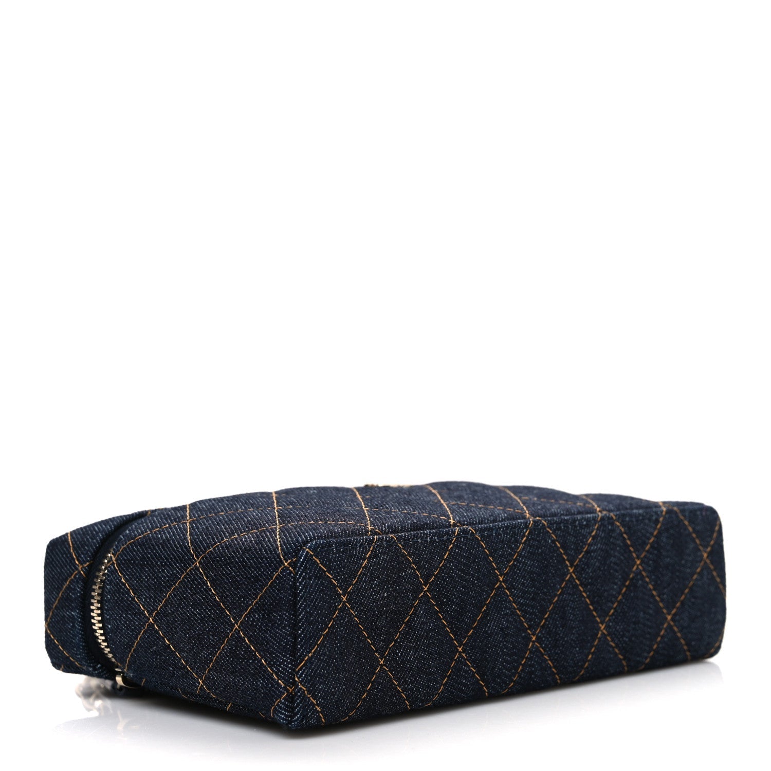 Chanel Denim Quilted Top Handle Slim Vanity Case With Chain Dark Blue Orange