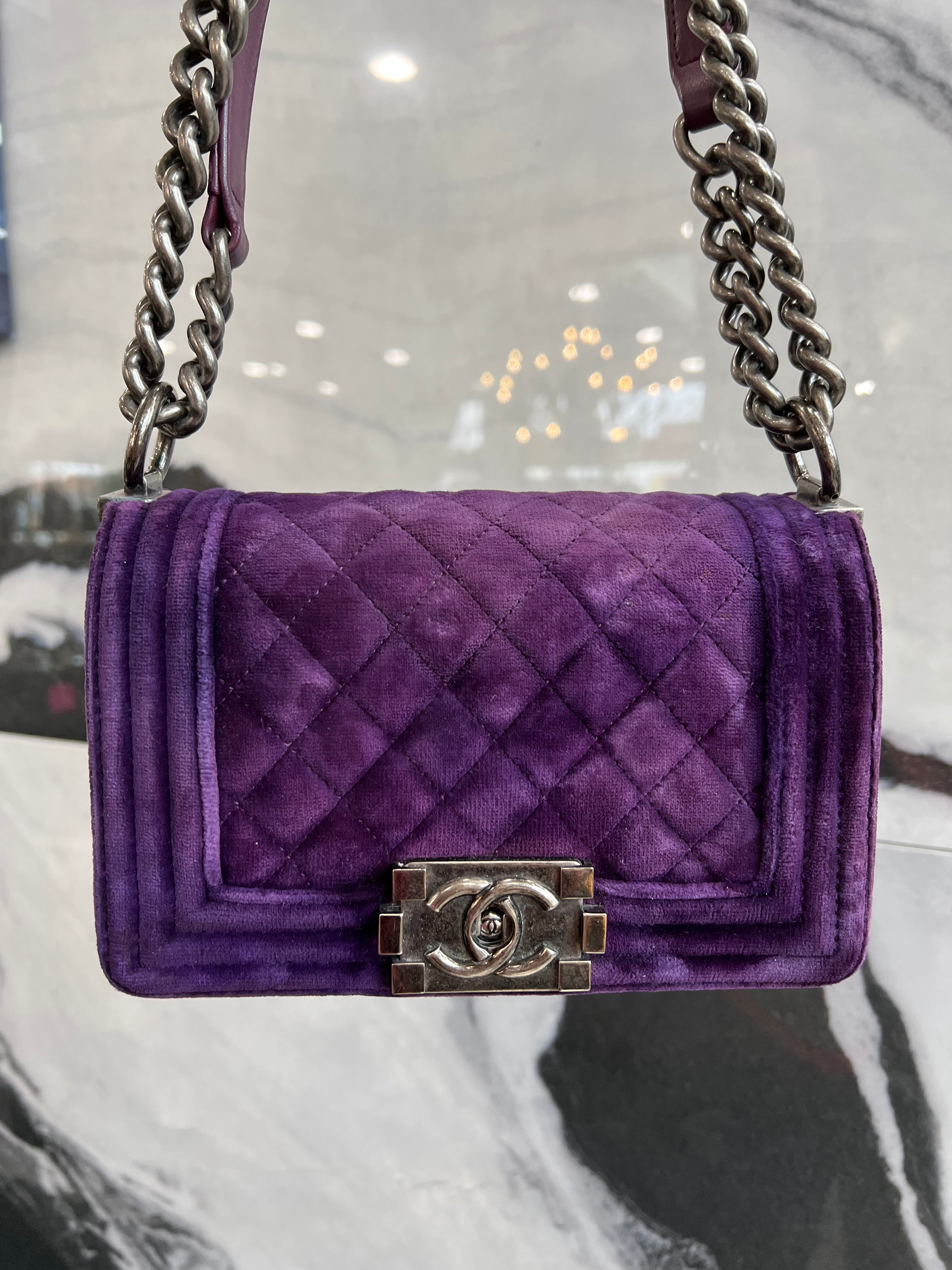 CHANEL Velvet Quilted Mini Boy Flap Purple