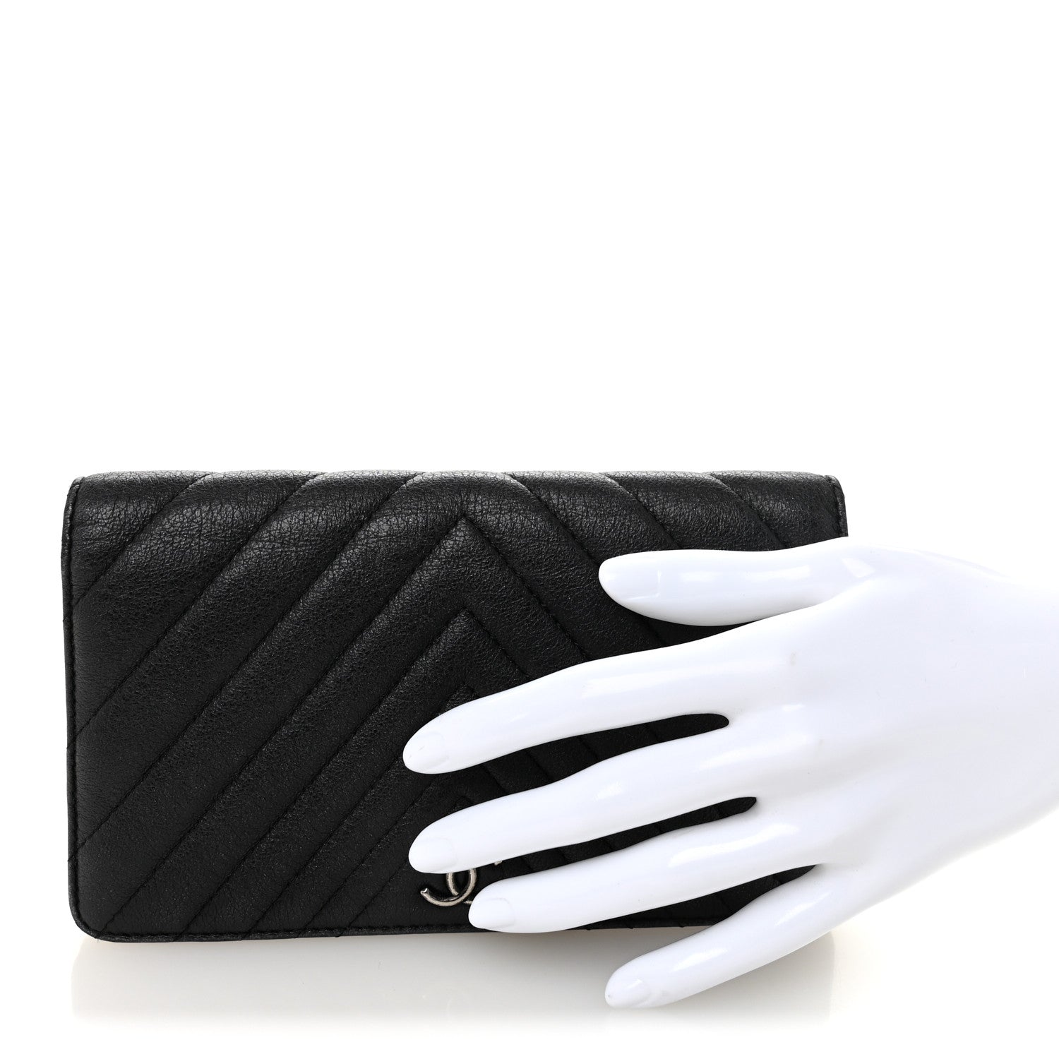 Chanel Shiny Goatskin Chevron Quilted Yen Wallet Black
