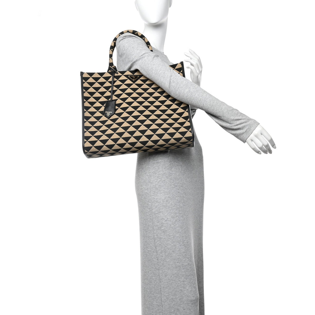 Prada Jacquard Saffiano Triangolo Symbole Embroidered Large Tote Black Corda