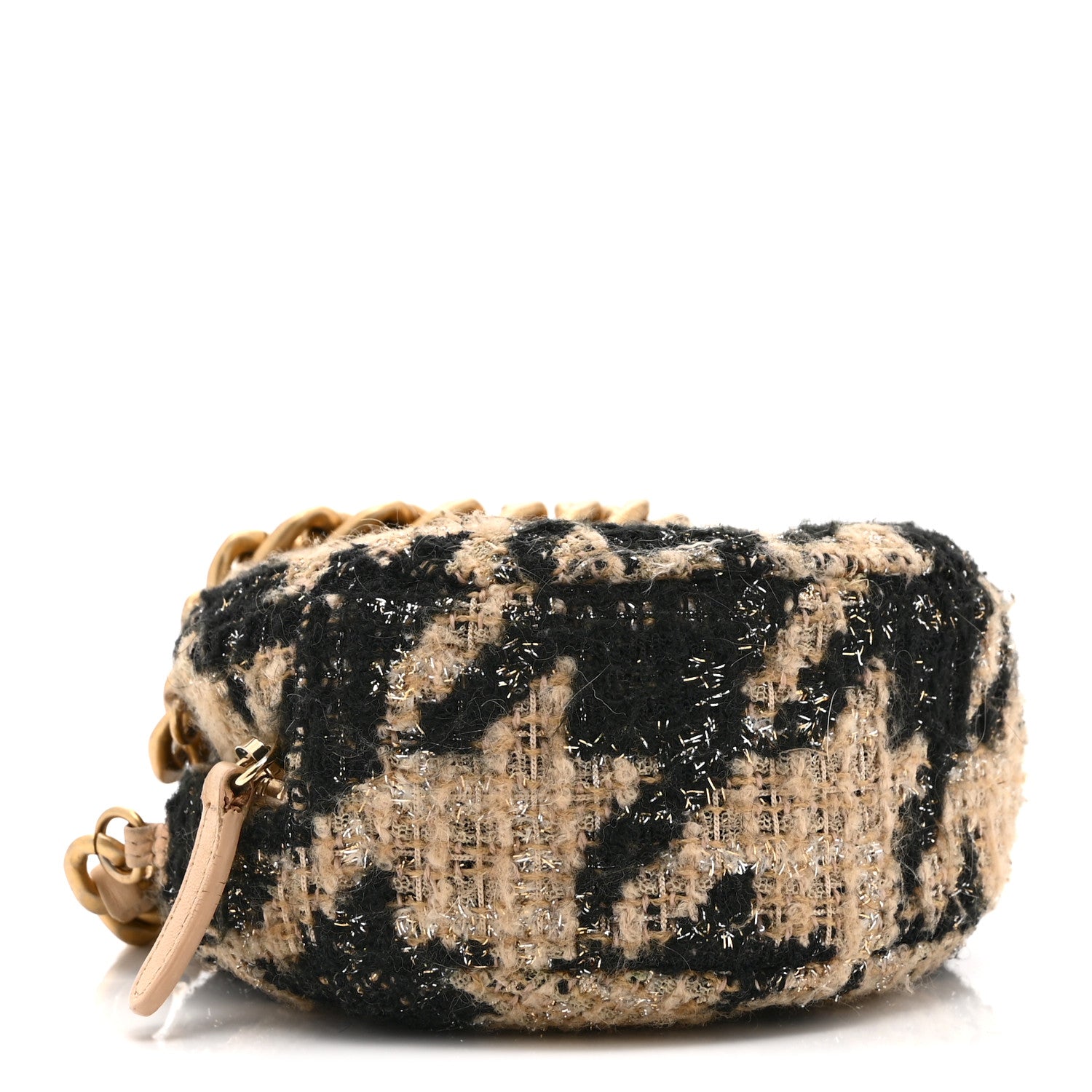 Chanel Wool Tweed Lambskin Quilted Chanel 19 Round Clutch With Chain and Coin Purse Beige Black