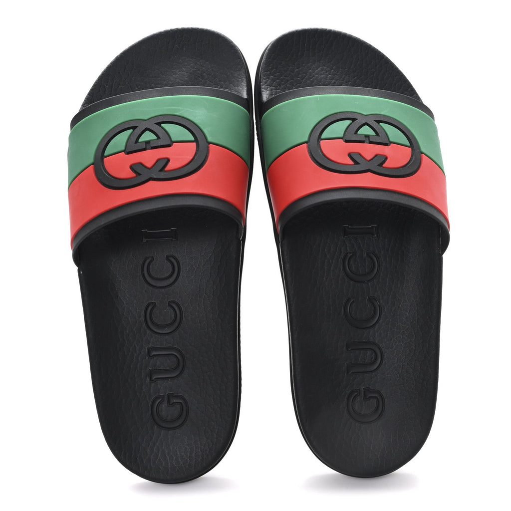 Gucci Rubber Web Womens Interlocking G Slide Sandals 40 Black Green Red