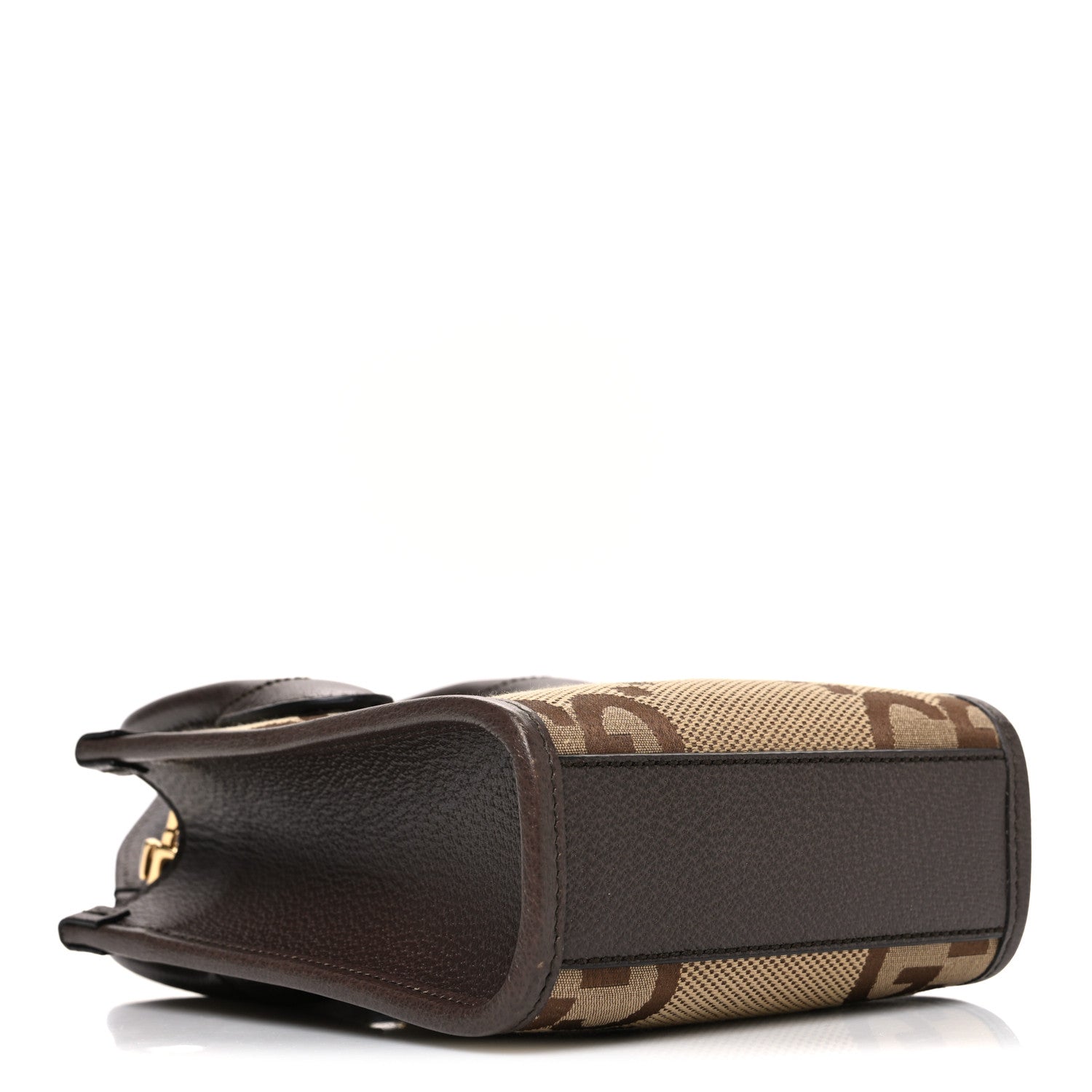 Gucci Monogram Jumbo GG Textured Dollar Calfskin Web Mini Vertical Tote Camel Ebony New Acero