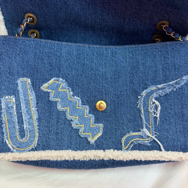 Chanel 2019 Blue Denim White Shearling Paris-New York Hieroglyph Maxi Flap Bag Gold Hardware