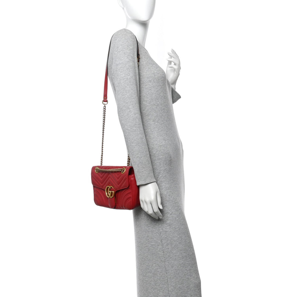 Gucci Calfskin Matelasse Small GG Marmont Shoulder Bag Hibiscus Red
