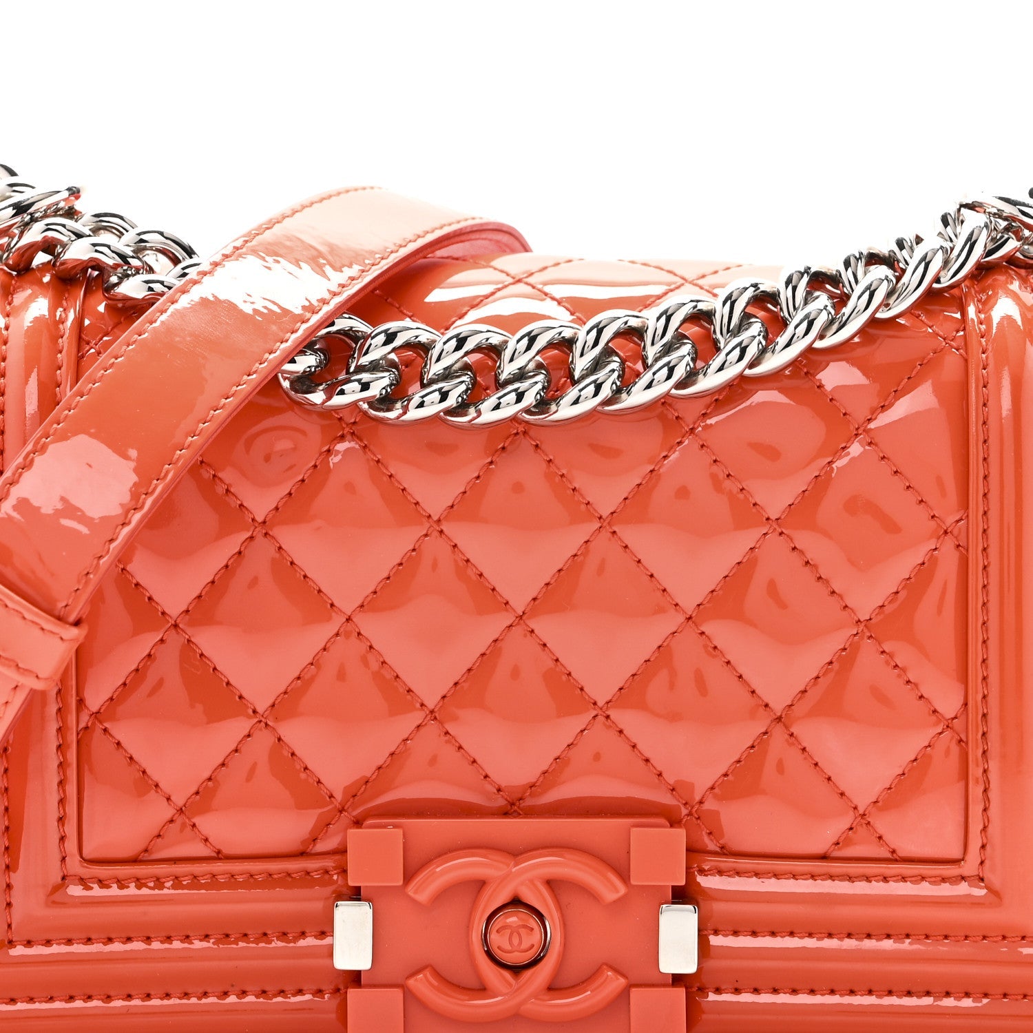 Chanel Patent Calfskin Quilted Small Plexiglass Boy Flap Orange