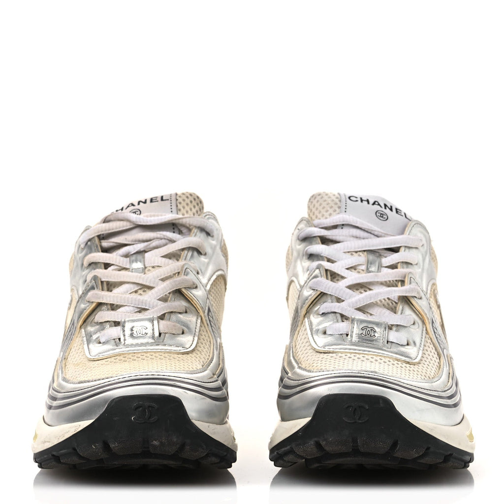 Fabric Laminated Calfskin Stretch CC Womens Sneakers 38.5 White Gold Silver