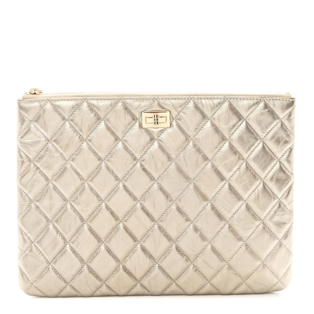 Metallic Aged Calfskin Quilted Medium 2.55 Reissue Cosmetic Case Gold