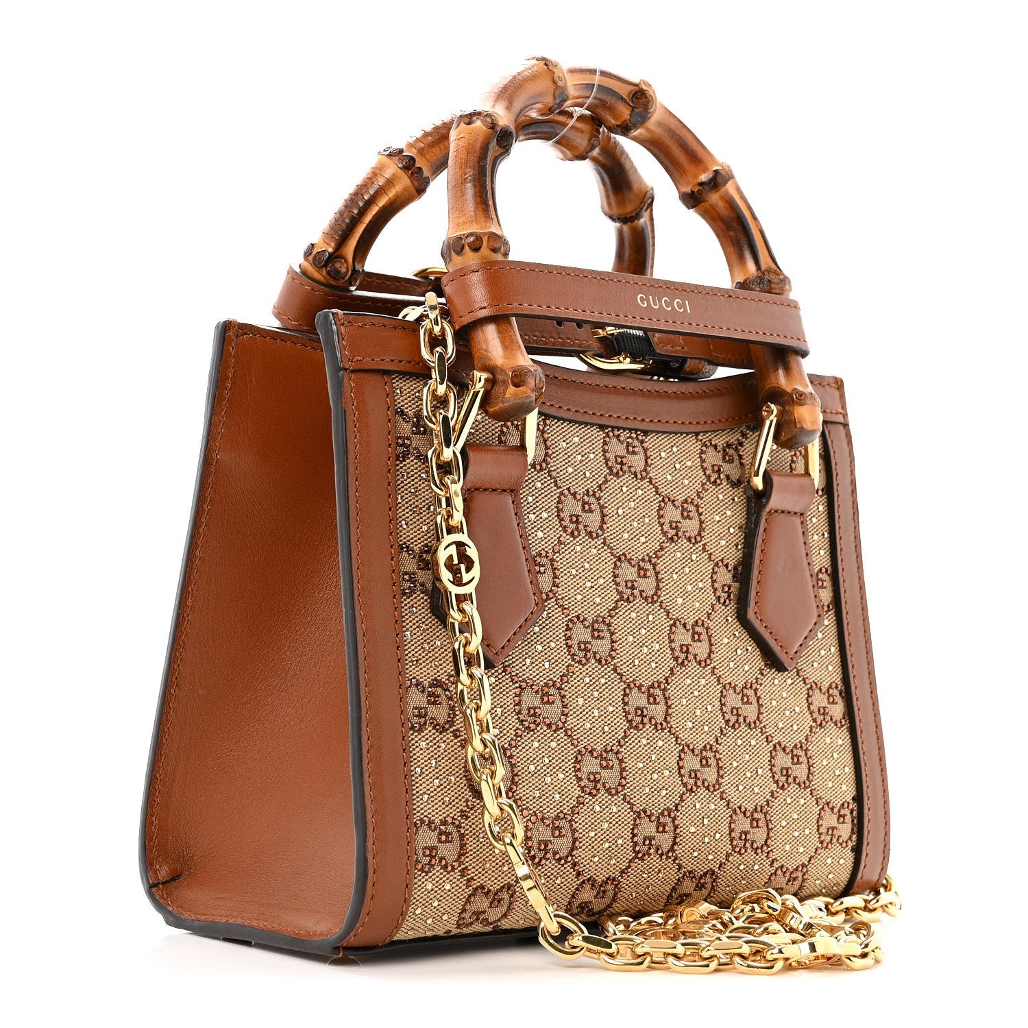Gucci New Canvas Charisma Calfskin Crystal GG Monogram Mini Diana Tote Bag Camel Ebony