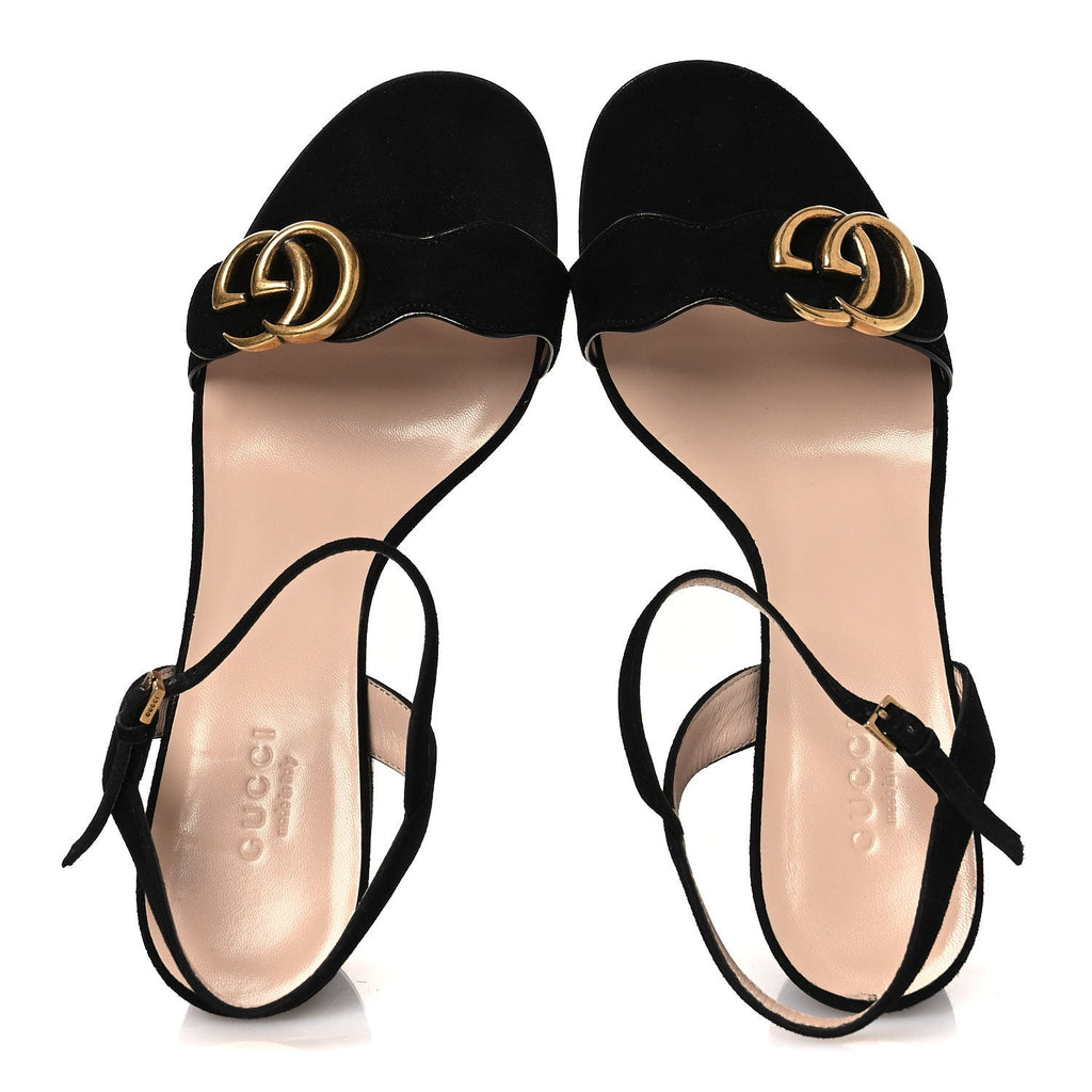 Gucci Kid Scamosciato GG Marmont Ankle Wrap 75mm Sandals 37 Black