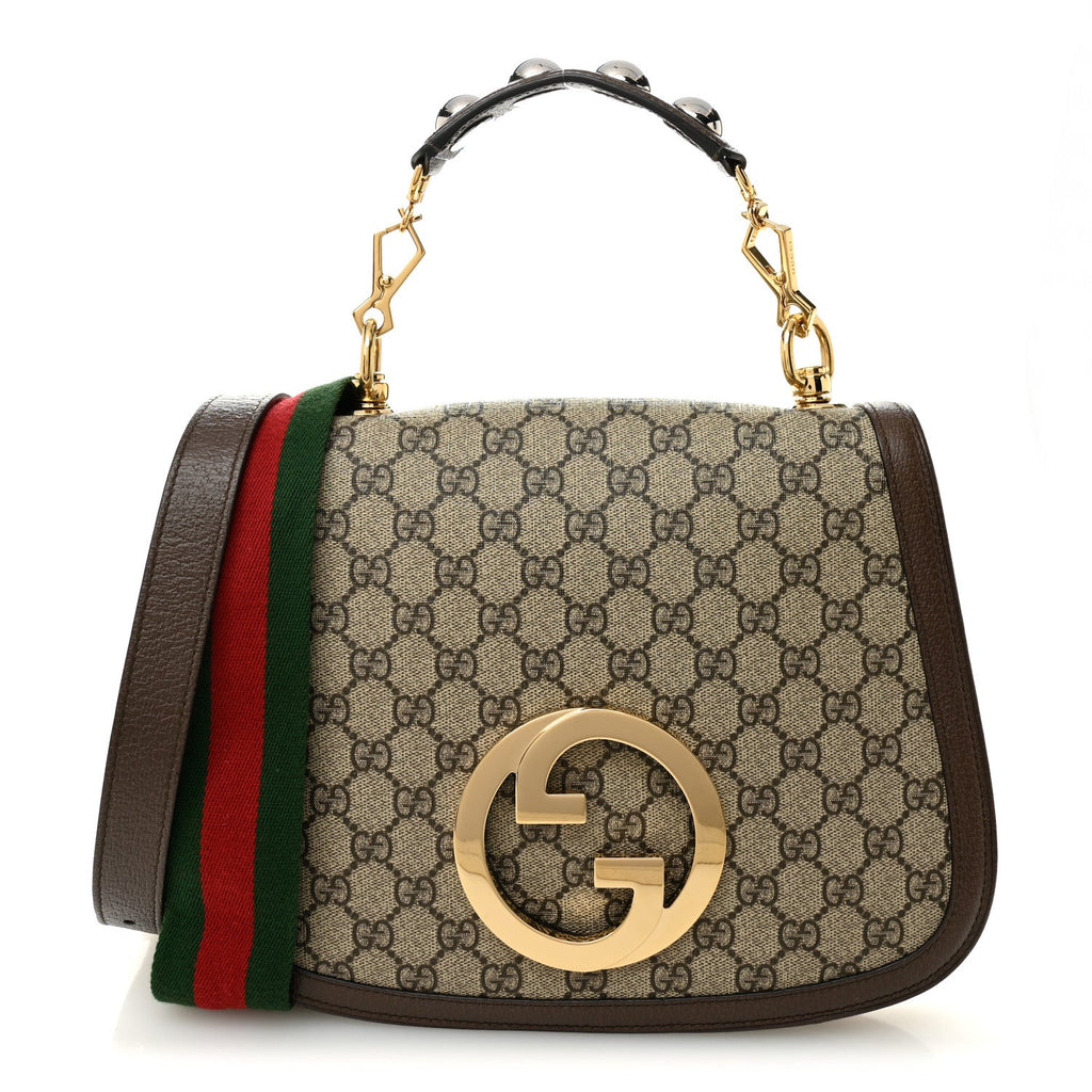 Gucci GG Supreme Monogram Textured Dollar Calfskin Web Medium Blondie Top Handle Shoulder Flap Bag Beige Ebony New Acero