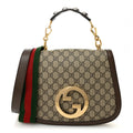 Gucci GG Supreme Monogram Textured Dollar Calfskin Web Medium Blondie Top Handle Shoulder Flap Bag Beige Ebony New Acero