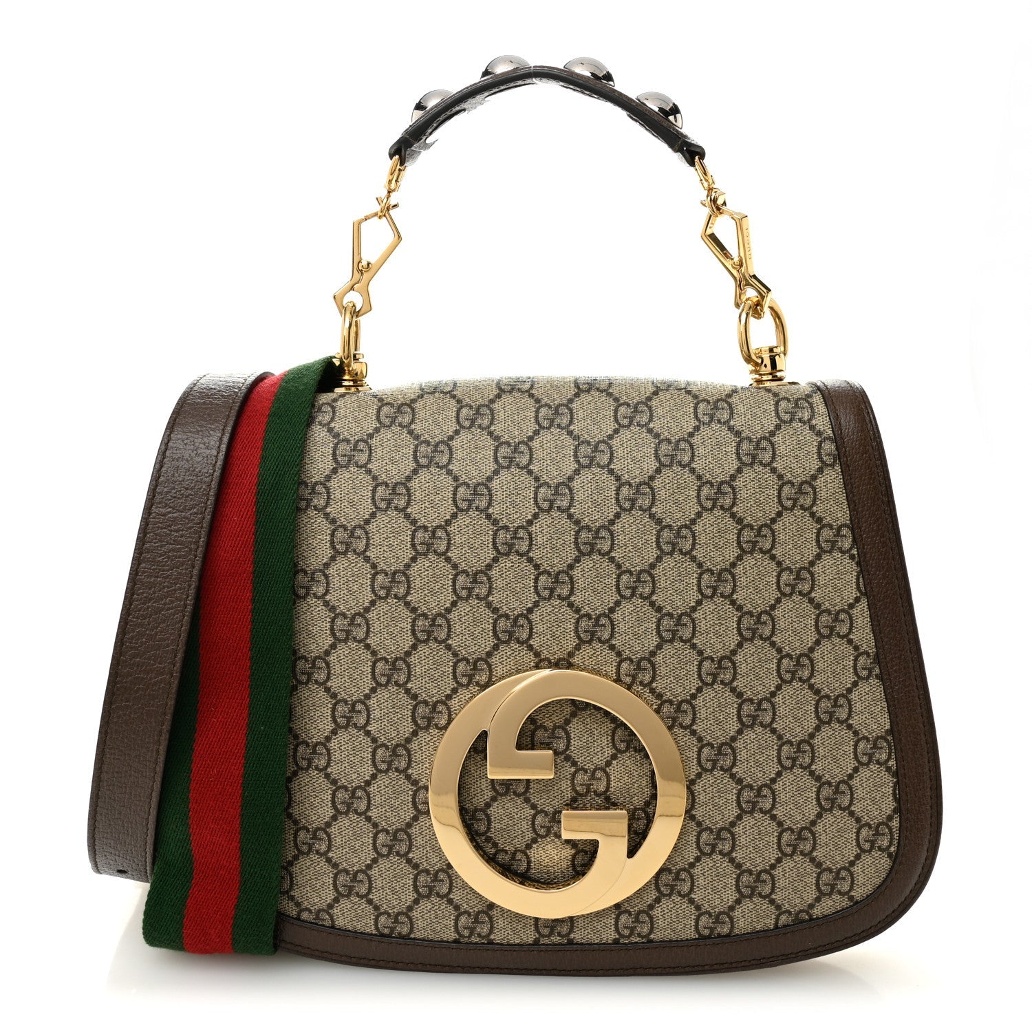 Gucci GG Supreme Monogram Textured Dollar Calfskin Web Medium Blondie Top Handle Shoulder Flap Bag Beige Ebony New Acero