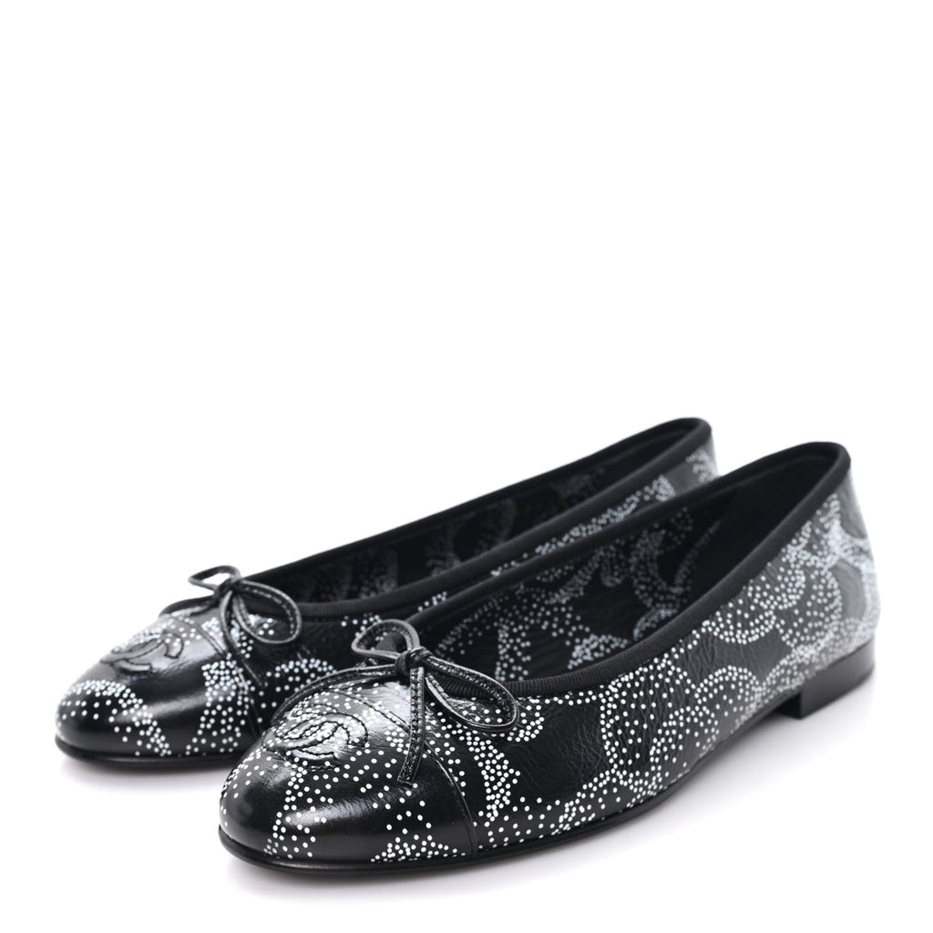 Calfskin Camellia Printed Cap Toe Ballerina Flats 36.5 Black White
