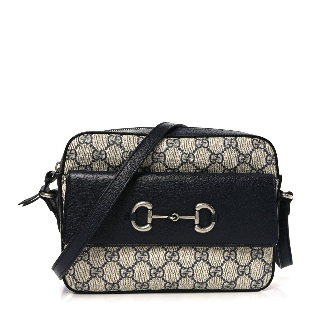 Gucci GG Supreme Monogram Textured Dollar Calfskin Small Horsebit 1955 Shoulder Bag Beige Blue