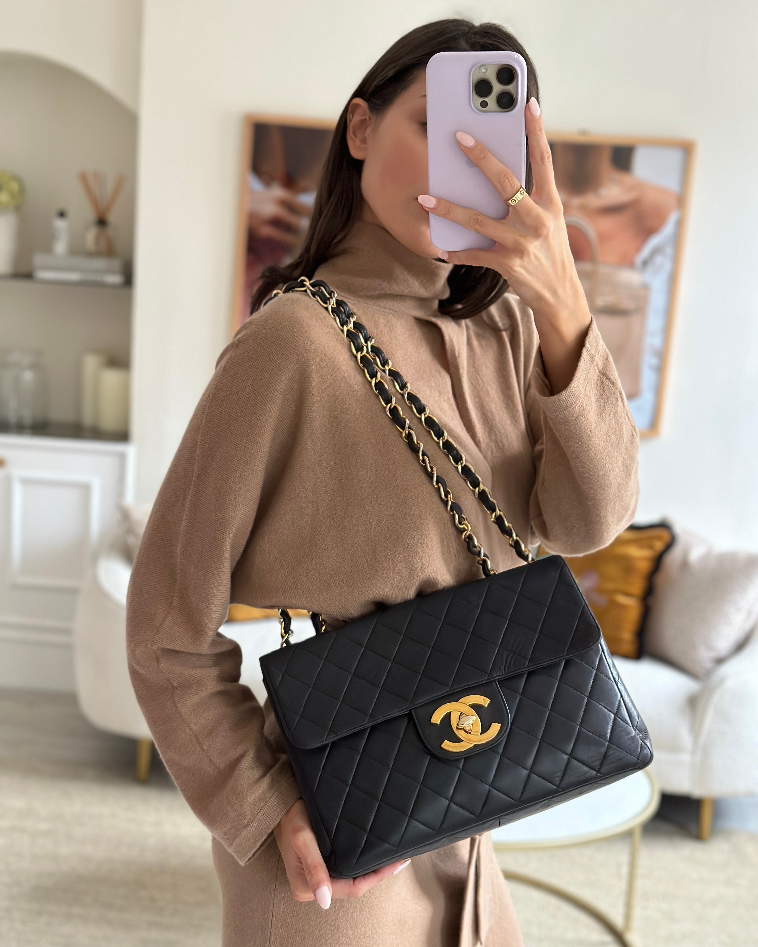 Chanel Black Vintage Maxi Mademoiselle Single Flap Bag in Lambskin with 24K Gold Hardware