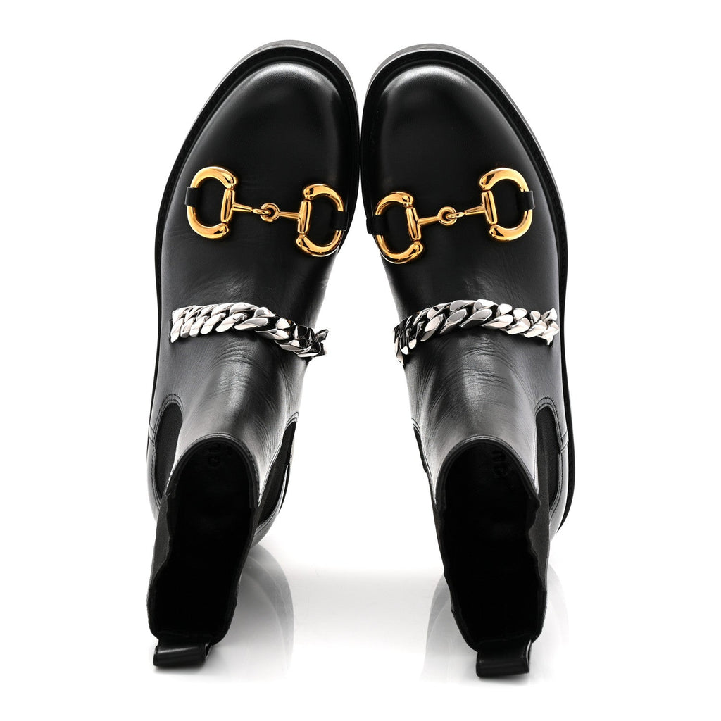 Gucci Flores Calfskin Horsebit Chain Ankle Boots 35.5 Black