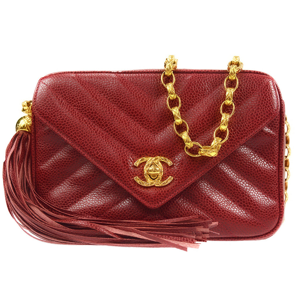 Chanel 1991-1994 Chevron Pocket Camera Bag Mini Red Caviar