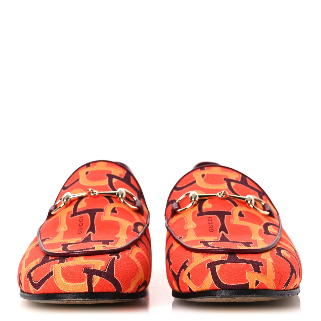 Gucci Betis Glamour Canvas Horsebit Print Womens Jordaan Loafers 39.5 Orange Red Rosso Ancora