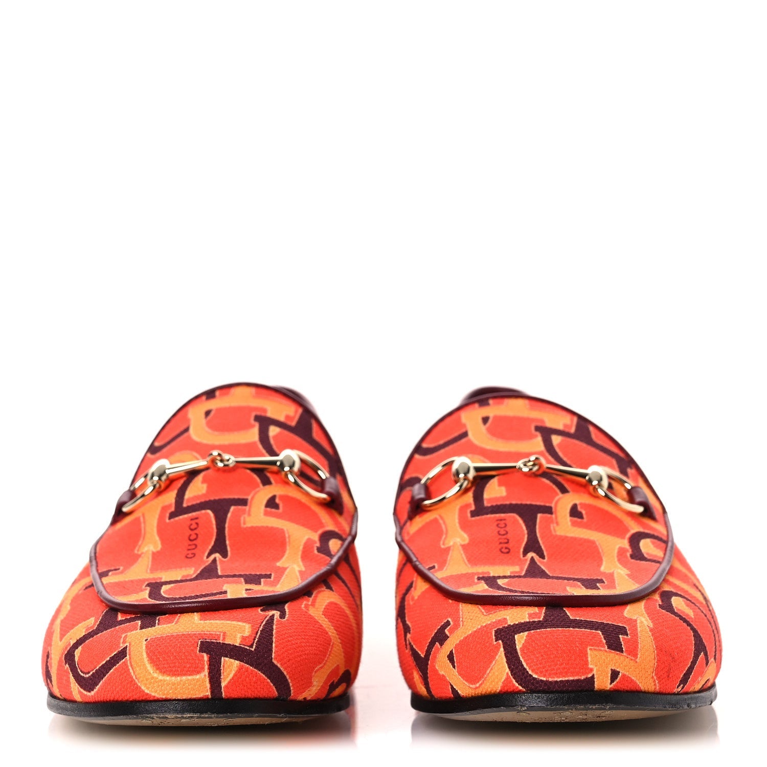 Gucci Betis Glamour Canvas Horsebit Print Womens Jordaan Loafers 39.5 Orange Red Rosso Ancora