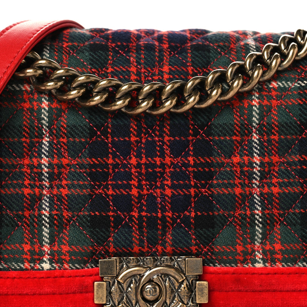 Chanel Velvet Plaid Tartan Quilted Medium Boy Flap Red
