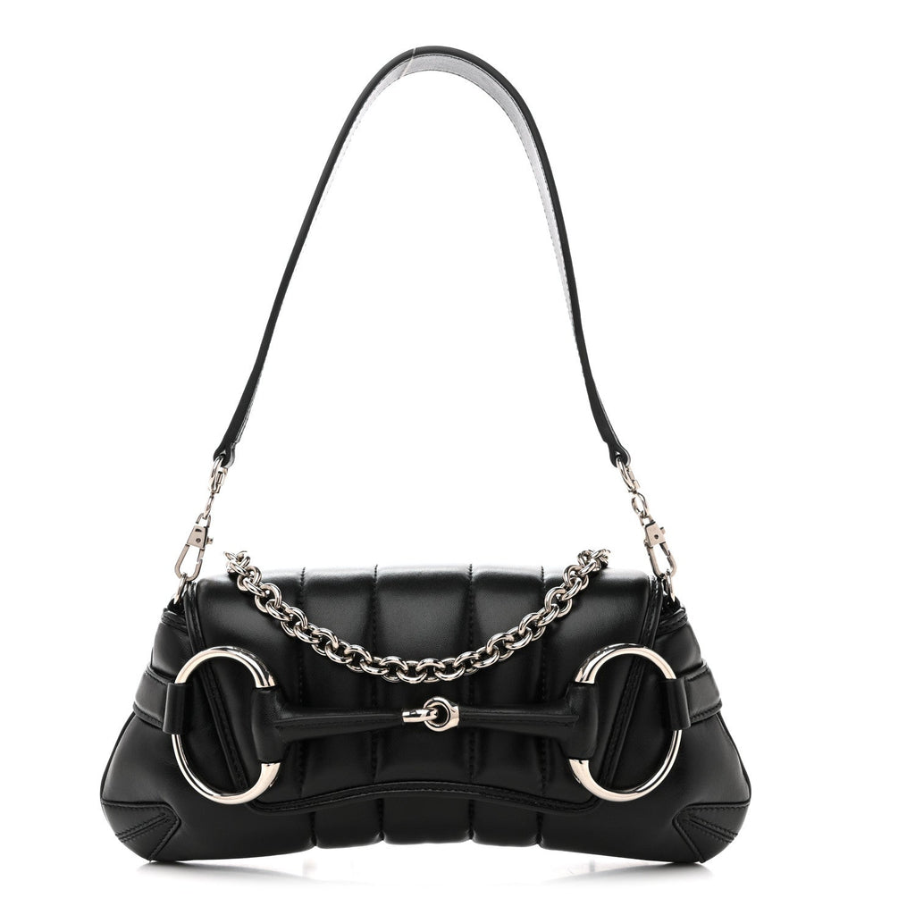 Gucci Nappa Vertical Matelasse Small Maxi Horsebit Chain Shoulder Bag Black
