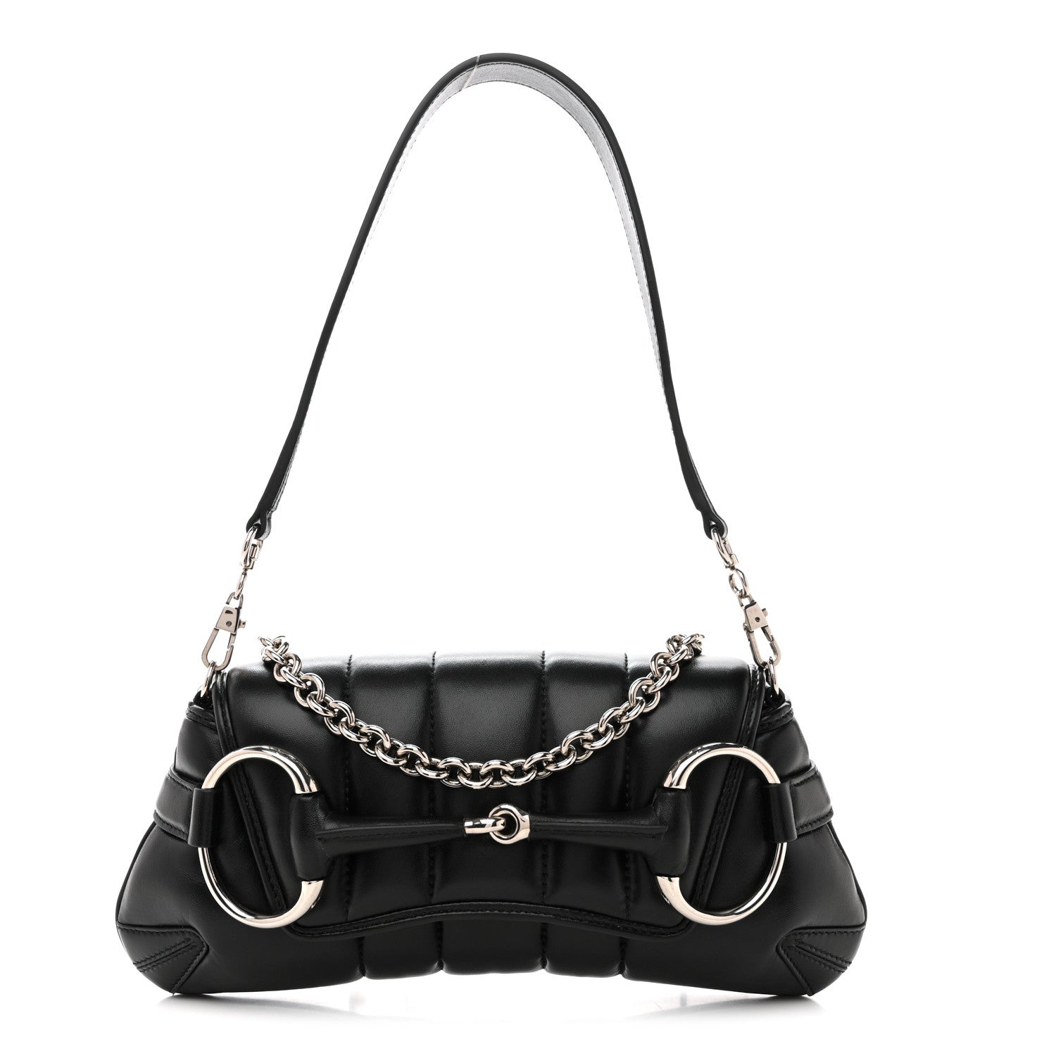 Gucci Nappa Vertical Matelasse Small Maxi Horsebit Chain Shoulder Bag Black