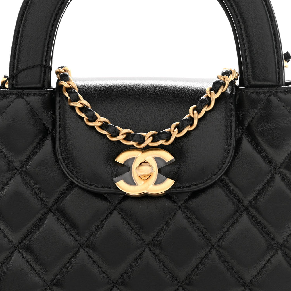 Chanel Shiny Aged Calfskin Quilted Nano Kelly Shopper Black