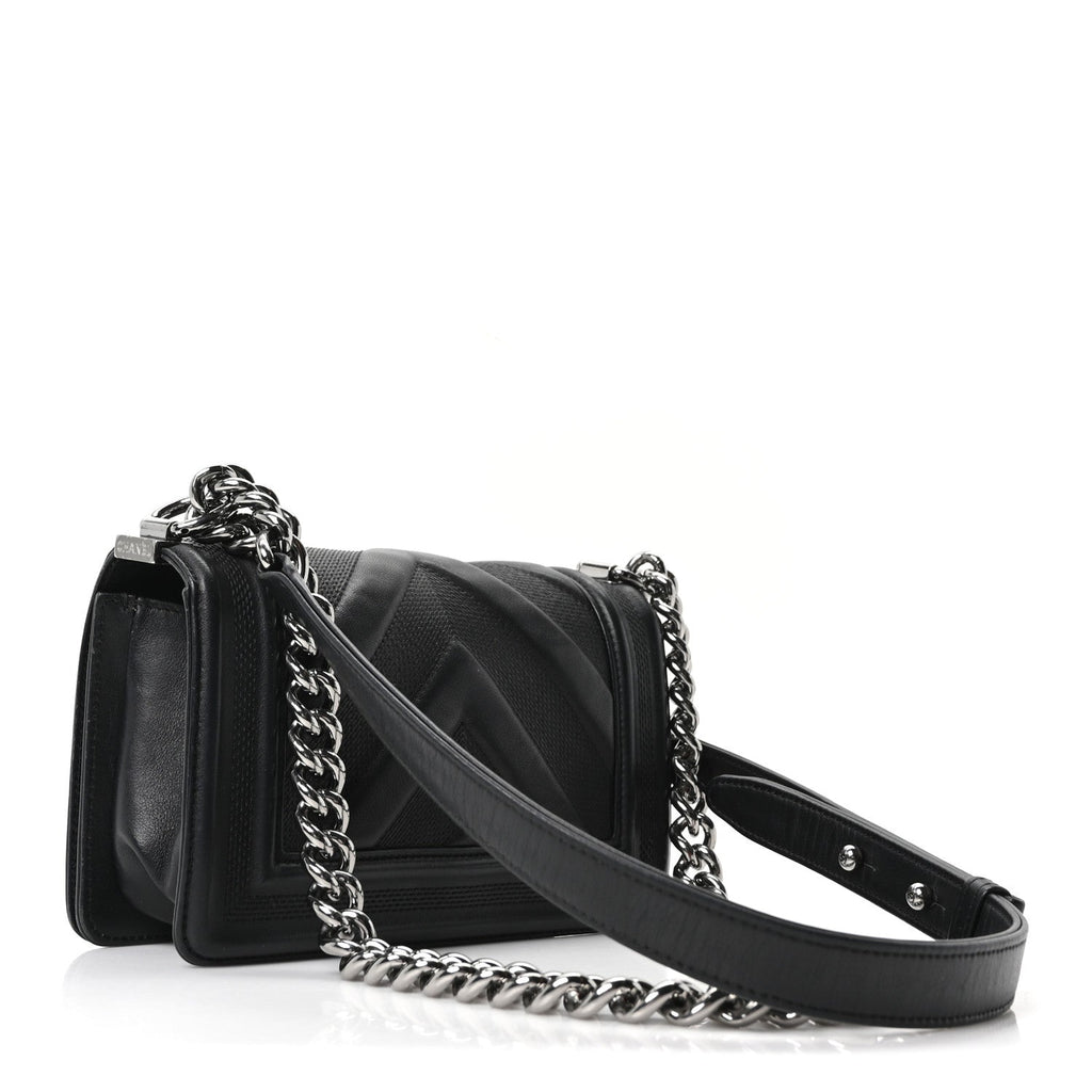 Chanel Calfskin Perforated Chevron Quilted Small Boy Flap Black