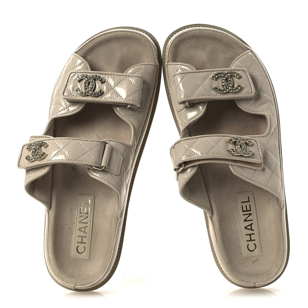 Chanel Shiny Calfskin Quilted Velcro Dad Crystal CC Slide Sandals 39 Beige