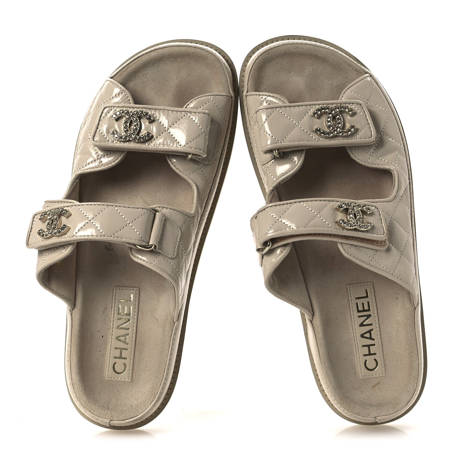Chanel Shiny Calfskin Quilted Velcro Dad Crystal CC Slide Sandals 39 Beige