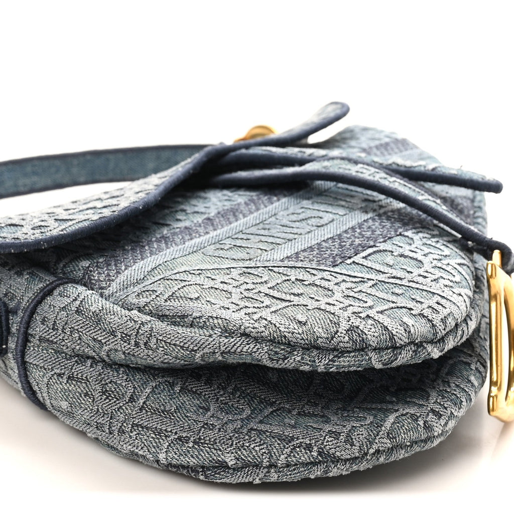 Christian Dior Oblique Embroidered Saddle Bag Denim Blue