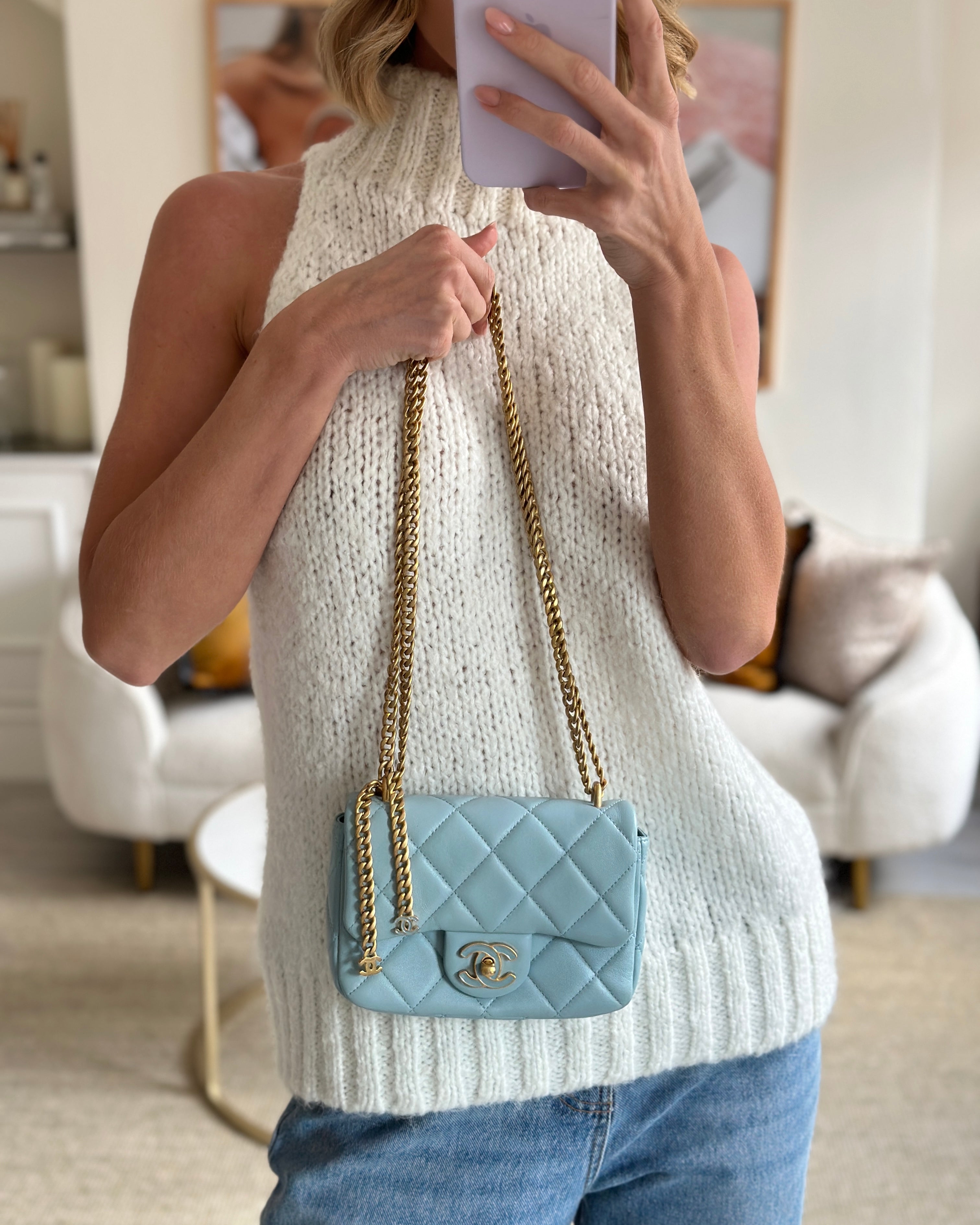 Chanel Powder Blue Mini Square Flap Bag with Gold Hardware