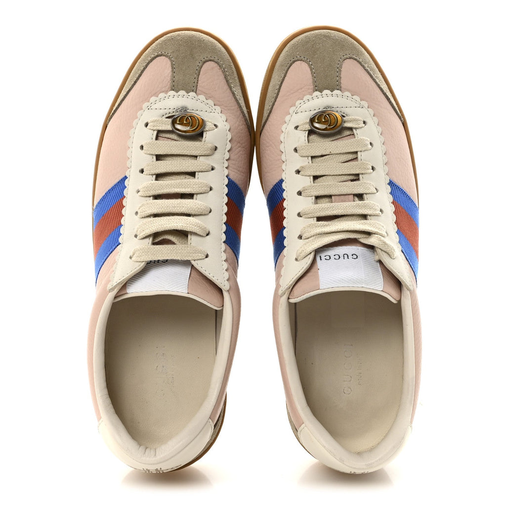 Gucci Calfskin Suede Web Womens G74 Sneakers 37 Oatmeal Soft Rose