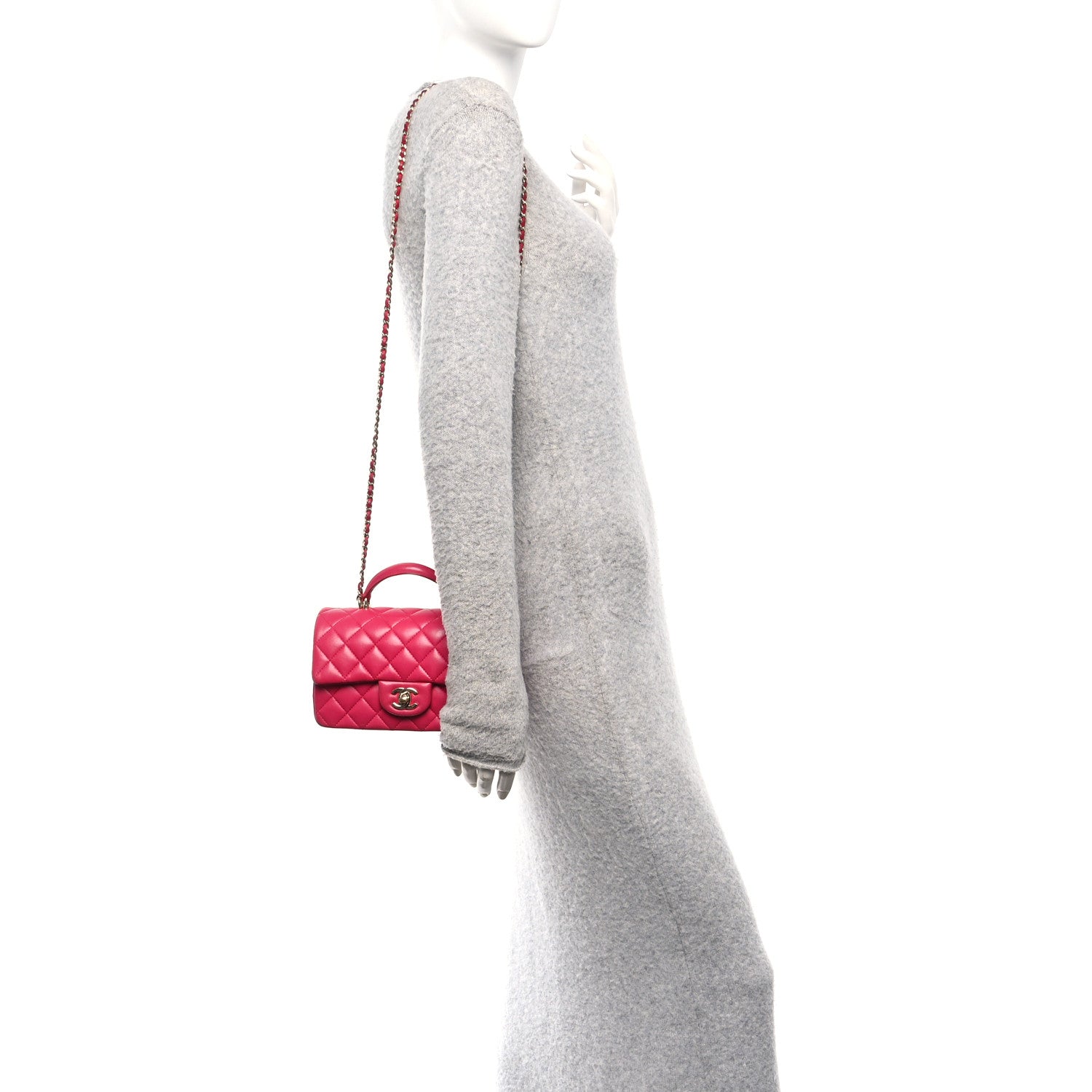 Chanel Lambskin Quilted Mini Top Handle Rectangular Flap Dark Pink