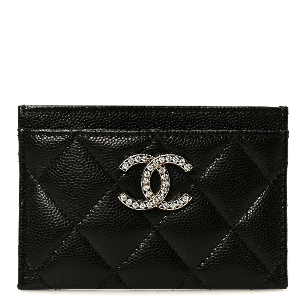 Caviar Quilted Crystal Card Holder Black