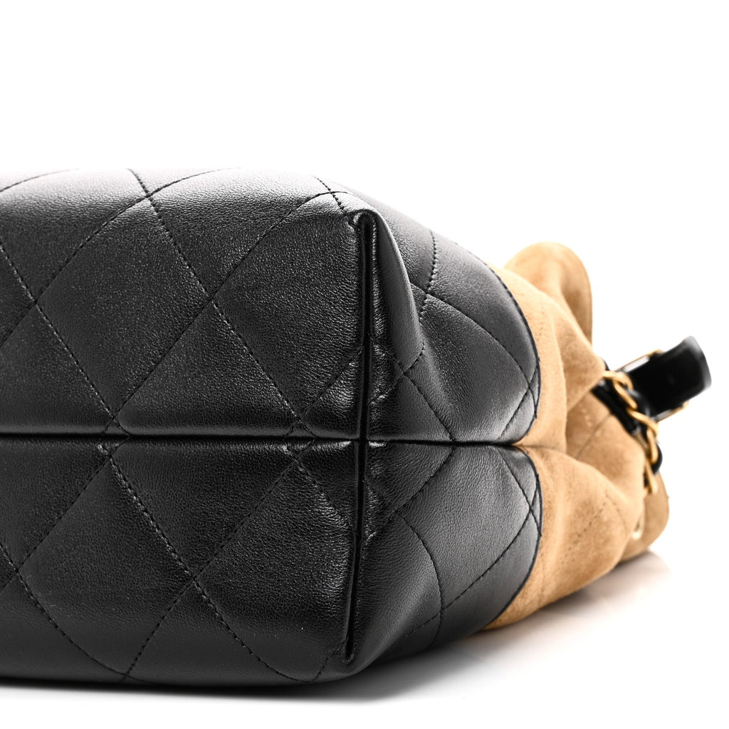 Chanel Suede Calfskin Shiny Lambskin Quilted Small Coco Base Shopping Bag Beige Black
