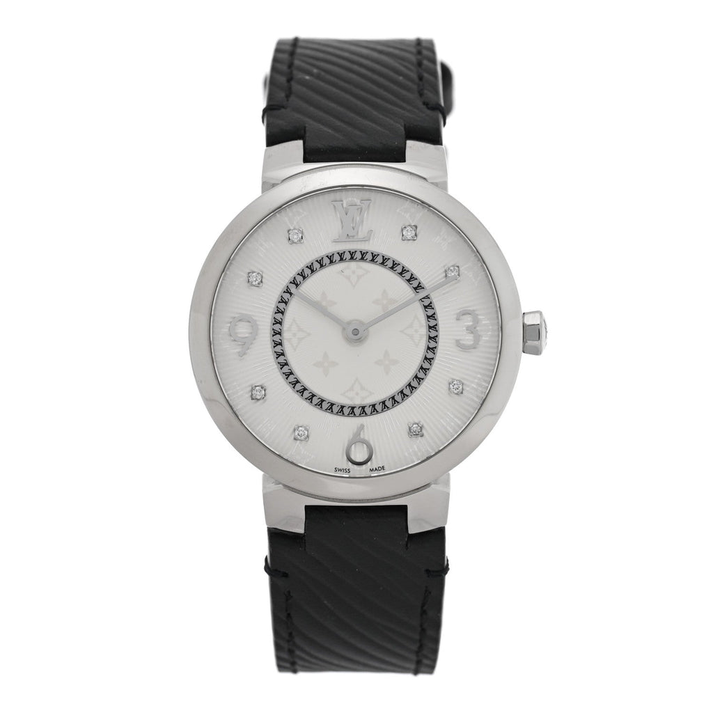 Louis Vuitton Stainless Steel Epi Diamond 33mm Tambour Slim Quartz Watch Black