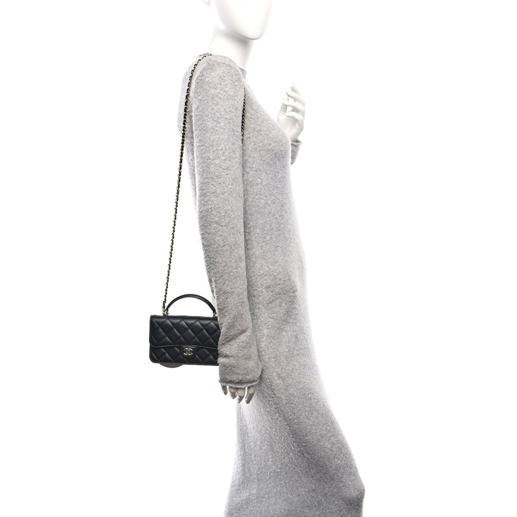 Chanel Lambskin Quilted Flap Phone Holder With Chain Black