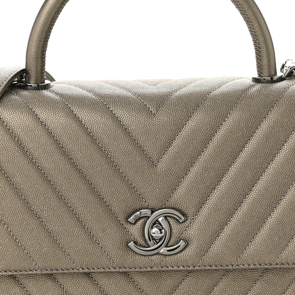 Chanel Metallic Caviar Chevron Quilted Small Coco Handle Flap Light Gold