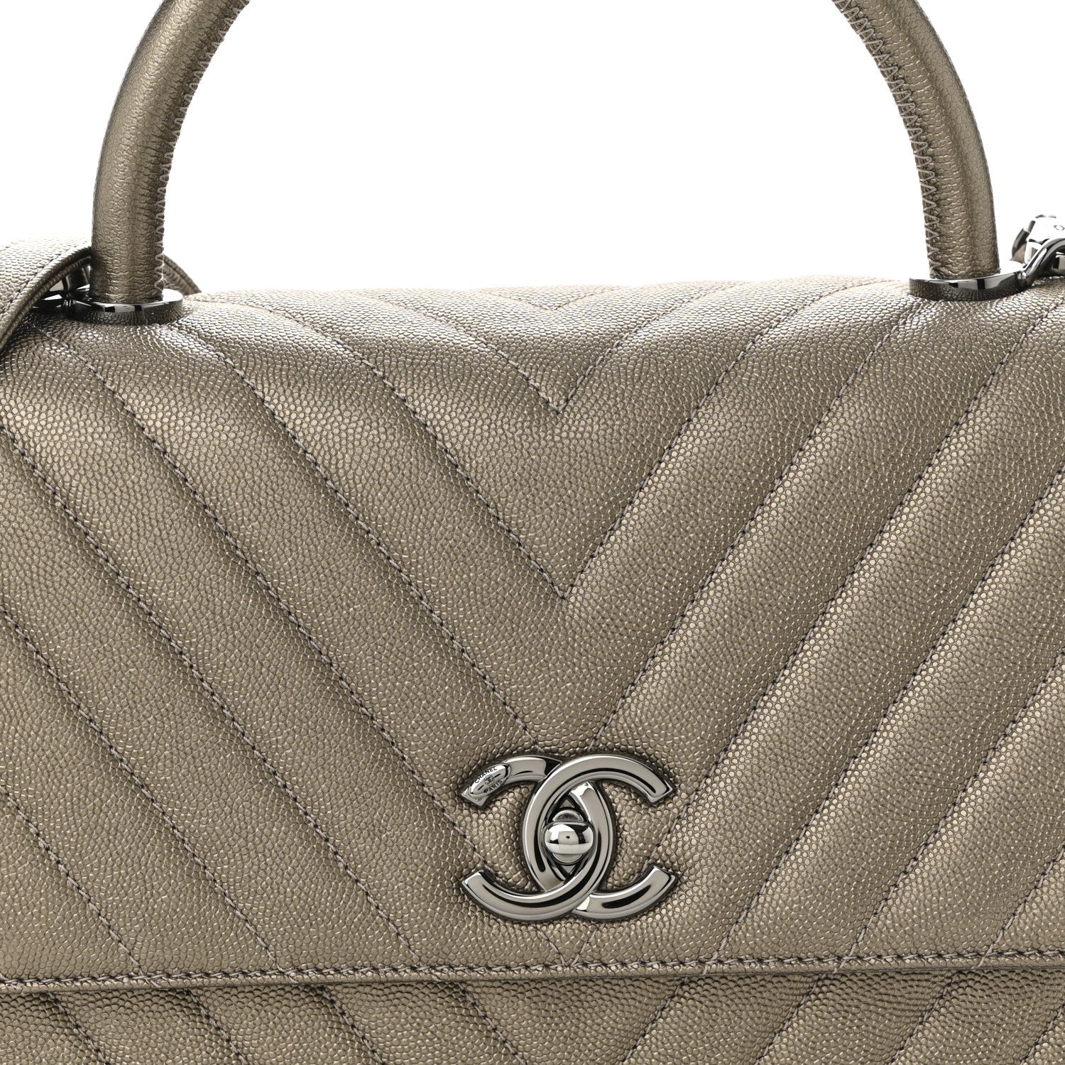 Chanel Metallic Caviar Chevron Quilted Small Coco Handle Flap Light Gold