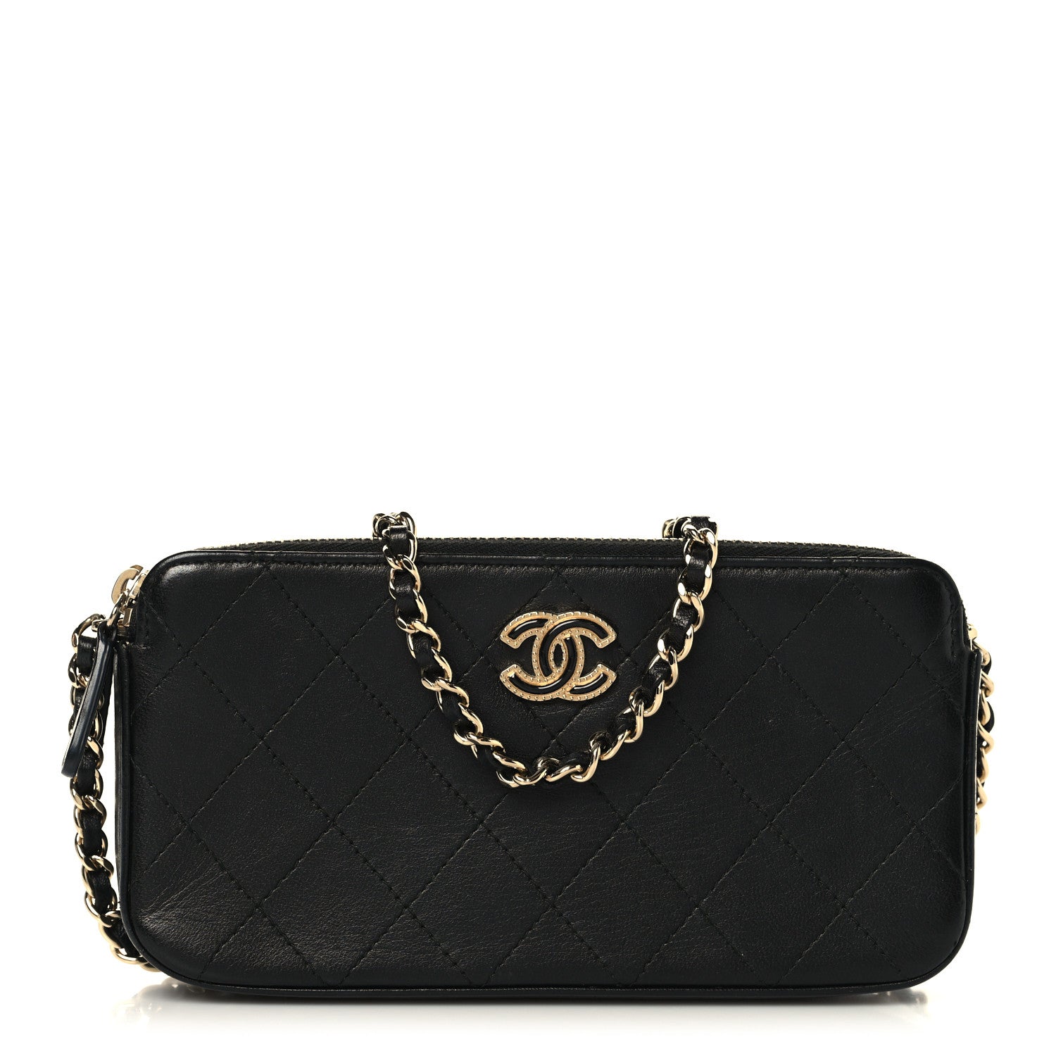 Chanel Goatskin Enamel Quilted Small Clutch With Chain Black