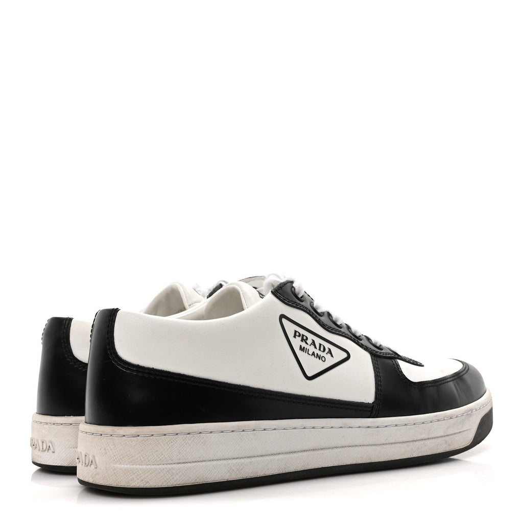 Prada Spazzolato Rois Vitello Soft Triangle Logo Womens Low Top Sneakers 39 White Black