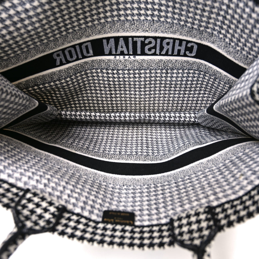 Christian Dior Canvas Houndstooth Embroidered Book Tote Black White